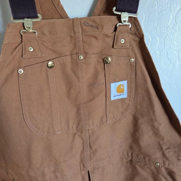 Carhartt Canvas Duck Bib Work Overalls Double Knee Size Mens 42x32 R01 BRN Brown - Picture 3 of 11